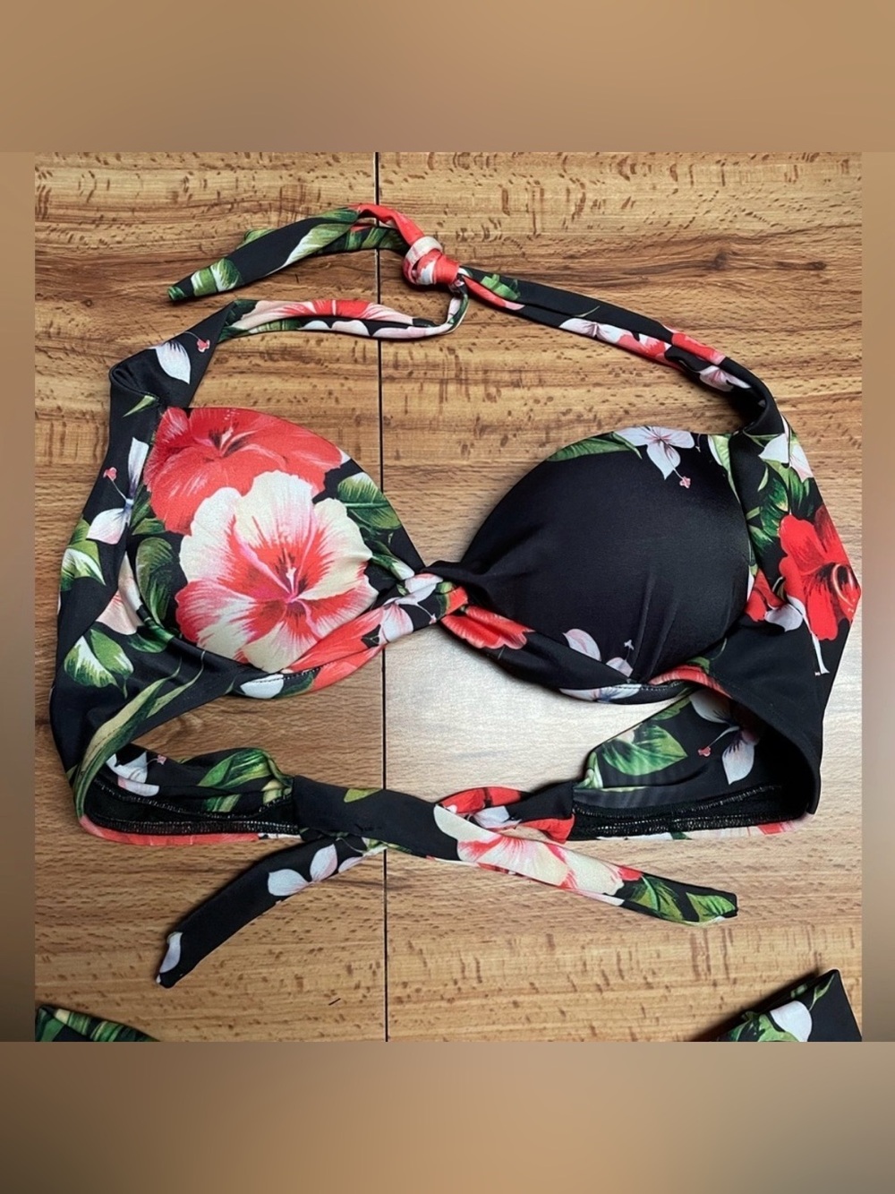 Women’s Halter Floral Bikini Top in Black with Red Hibiscus Swim Bulge Control